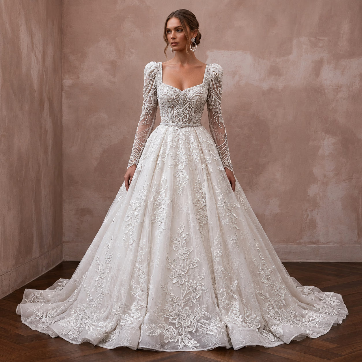 Princess Beaded Lace Wedding Dress with Long Sleeves