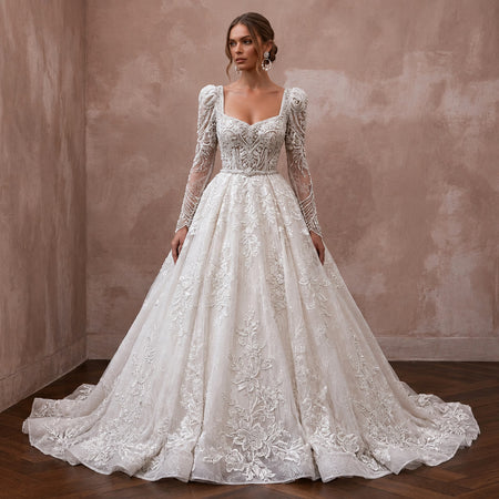 Princess Beaded Lace Wedding Dress with Long Sleeves