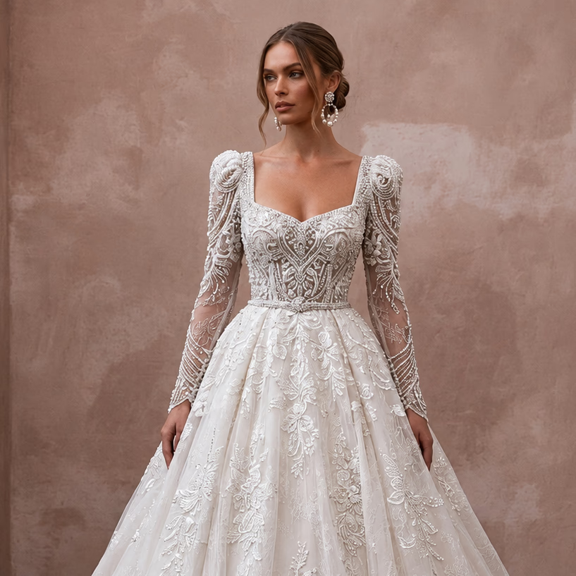 Princess Beaded Lace Wedding Dress with Long Sleeves