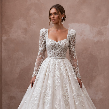 Princess Beaded Lace Wedding Dress with Long Sleeves