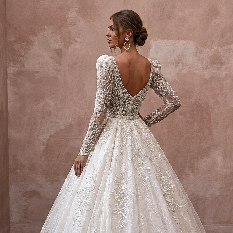 Princess Beaded Lace Wedding Dress with Long Sleeves