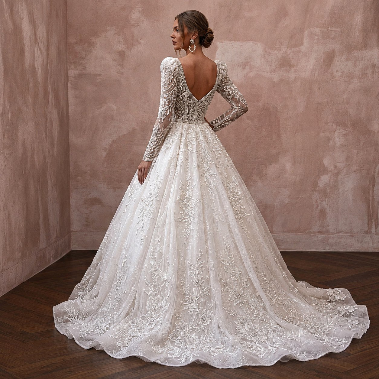 Princess Beaded Lace Wedding Dress with Long Sleeves