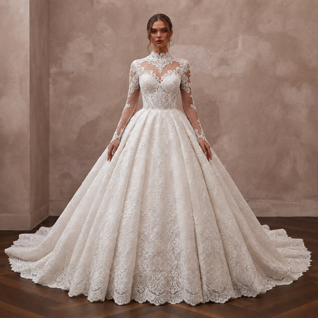 Princess Lace Ball Gown Wedding Dress with Long Sleeves