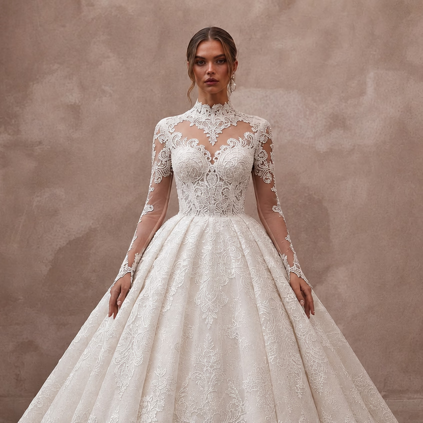 Princess Lace Ball Gown Wedding Dress with Long Sleeves - Apparel & Accessories > Clothing > Wedding & Bridal Party Dresses > Wedding Dresses - Mignonette Bridal