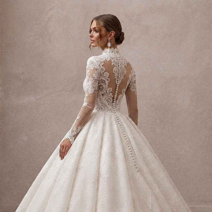 Princess Lace Ball Gown Wedding Dress with Long Sleeves