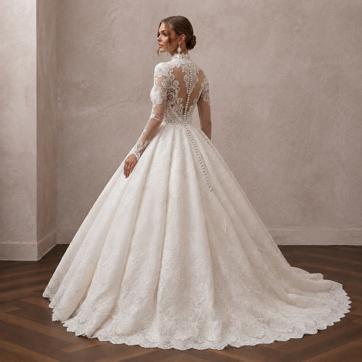 Princess Lace Ball Gown Wedding Dress with Long Sleeves