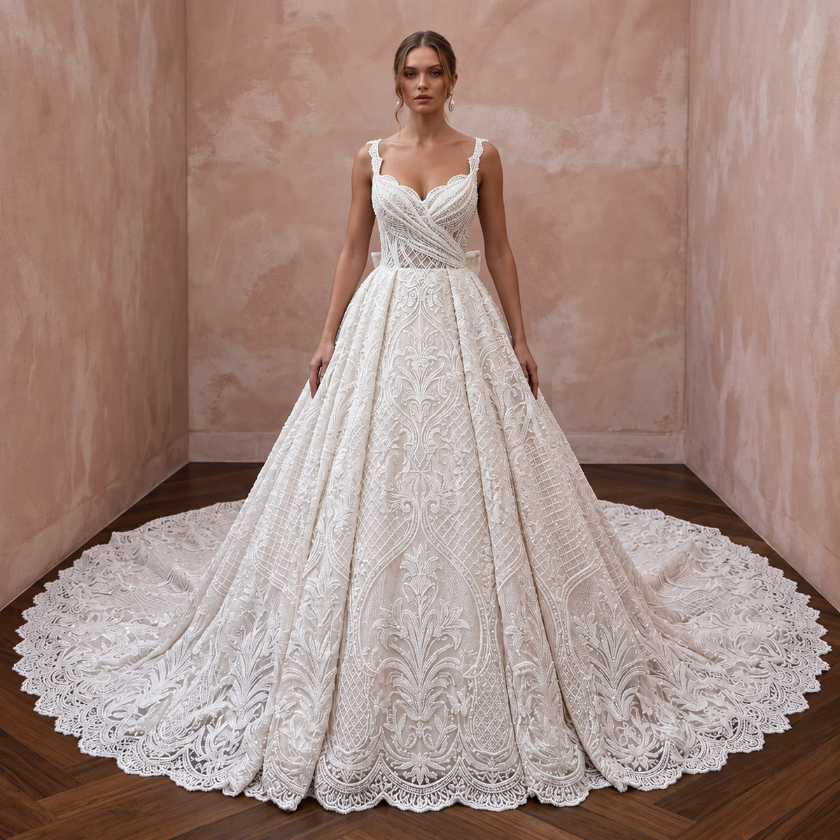 Princess Lace Bridal Gown with Dramatic Train - Apparel & Accessories > Clothing > Wedding & Bridal Party Dresses > Wedding Dresses - Mignonette Bridal Main image