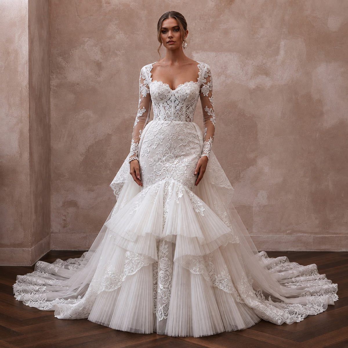 Princess Lace Mermaid Wedding Dress with Detachable Train - Apparel & Accessories > Clothing > Wedding & Bridal Party Dresses > Wedding Dresses - Mignonette Bridal Main image