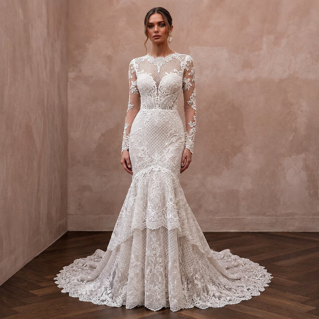 Princess Lace Trumpet Wedding Dress with Long Sleeves - Apparel & Accessories > Clothing > Wedding & Bridal Party Dresses > Wedding Dresses - Mignonette Bridal