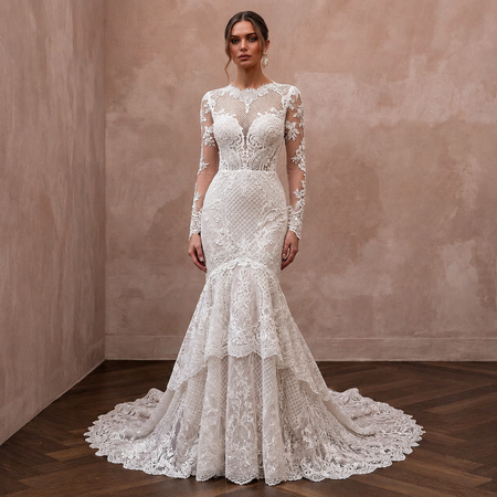 Princess Lace Trumpet Wedding Dress with Long Sleeves - Apparel & Accessories > Clothing > Wedding & Bridal Party Dresses > Wedding Dresses - Mignonette Bridal