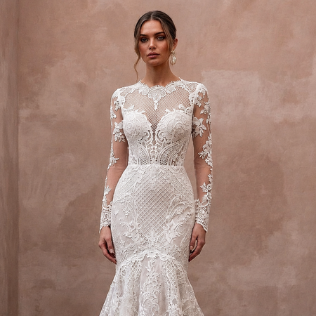 Princess Lace Trumpet Wedding Dress with Long Sleeves - Apparel & Accessories > Clothing > Wedding & Bridal Party Dresses > Wedding Dresses - Mignonette Bridal