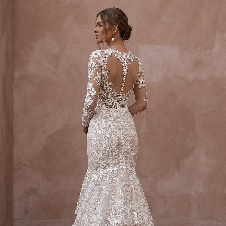 Princess Lace Trumpet Wedding Dress with Long Sleeves - Apparel & Accessories > Clothing > Wedding & Bridal Party Dresses > Wedding Dresses - Mignonette Bridal