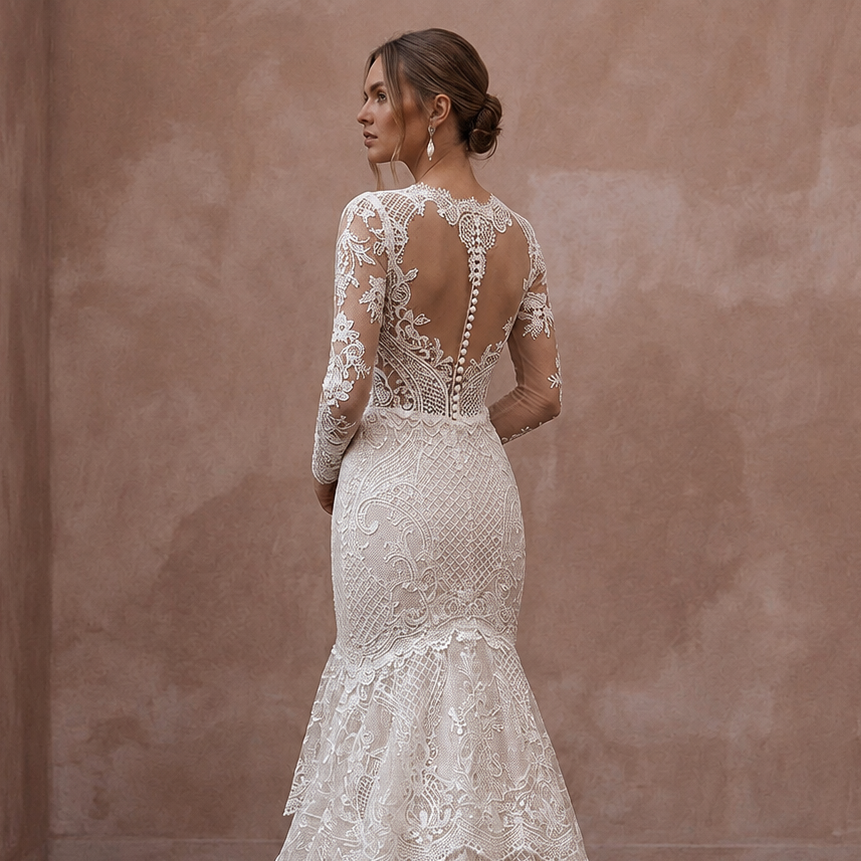 Princess Lace Trumpet Wedding Dress with Long Sleeves - Apparel & Accessories > Clothing > Wedding & Bridal Party Dresses > Wedding Dresses - Mignonette Bridal