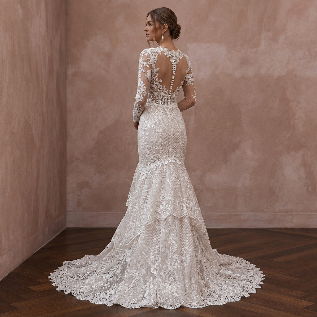Princess Lace Trumpet Wedding Dress with Long Sleeves - Apparel & Accessories > Clothing > Wedding & Bridal Party Dresses > Wedding Dresses - Mignonette Bridal