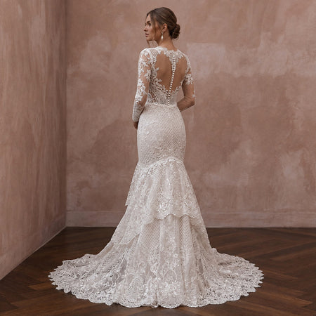 Princess Lace Trumpet Wedding Dress with Long Sleeves - Apparel & Accessories > Clothing > Wedding & Bridal Party Dresses > Wedding Dresses - Mignonette Bridal