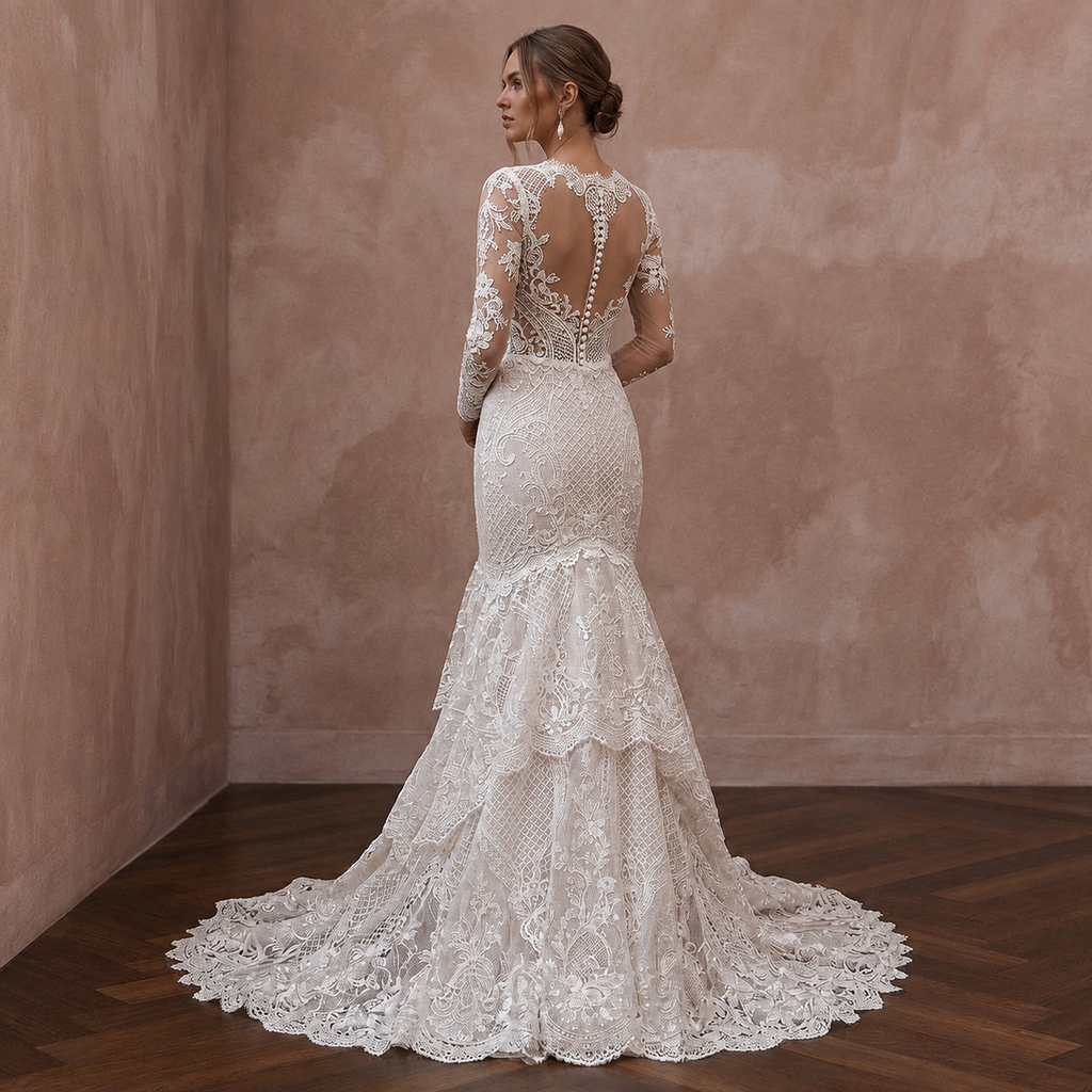 Princess Lace Trumpet Wedding Dress with Long Sleeves - Apparel & Accessories > Clothing > Wedding & Bridal Party Dresses > Wedding Dresses - Mignonette Bridal