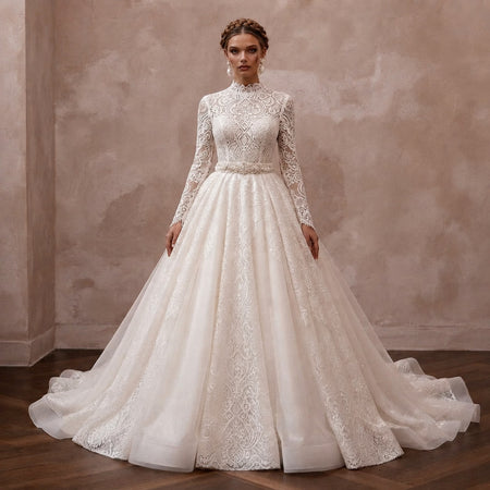 Princess Lace Wedding Dress with Long Sleeves and Ball Gown Silhouette