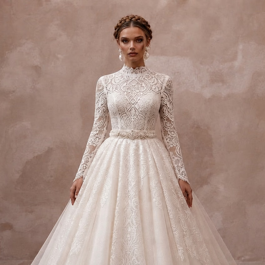 Princess Lace Wedding Dress with Long Sleeves and Ball Gown Silhouette