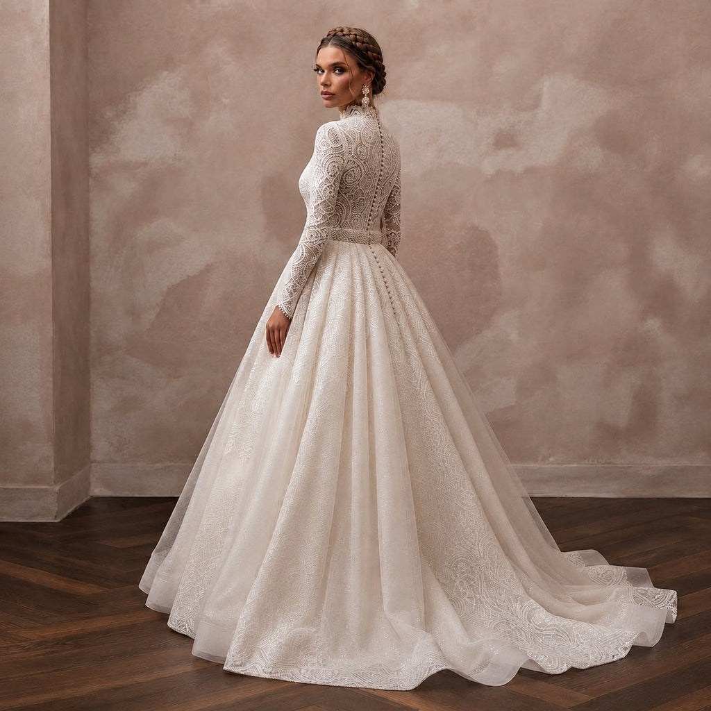 Princess Lace Wedding Dress with Long Sleeves and Ball Gown Silhouette