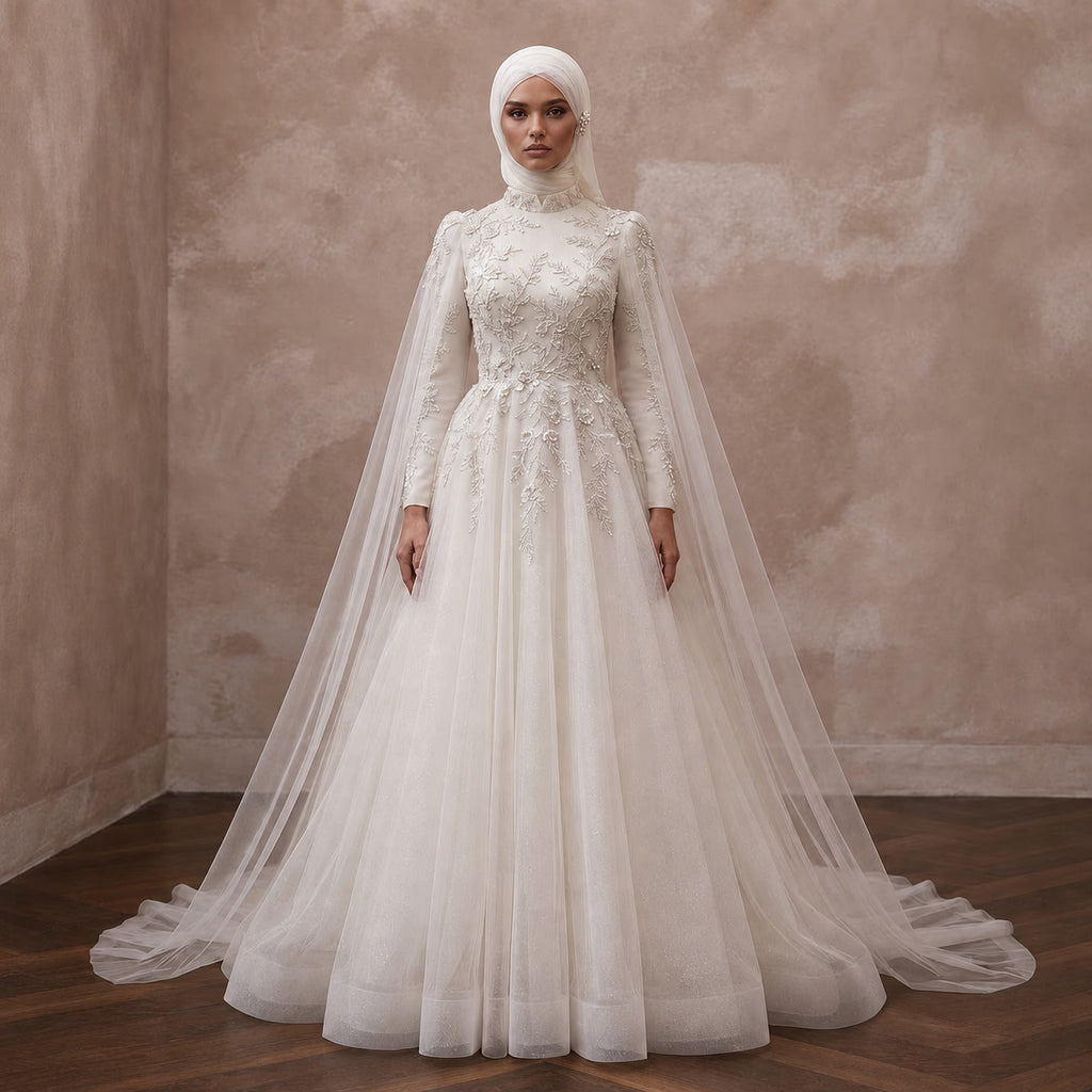 Princess Muslim Tulle Wedding Dress with Cape