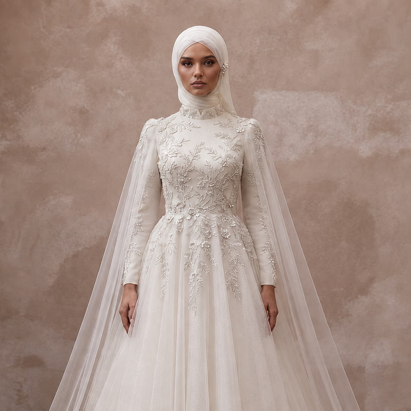 Princess Muslim Tulle Wedding Dress with Cape