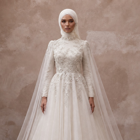 Princess Muslim Tulle Wedding Dress with Cape