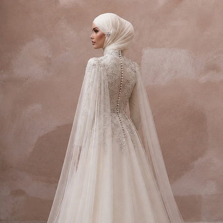 Princess Muslim Tulle Wedding Dress with Cape