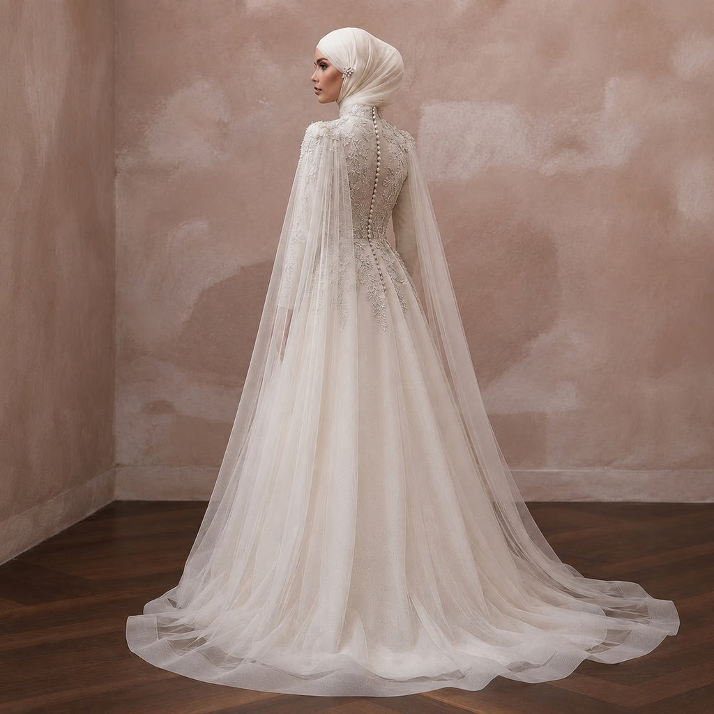 Princess Muslim Tulle Wedding Dress with Cape