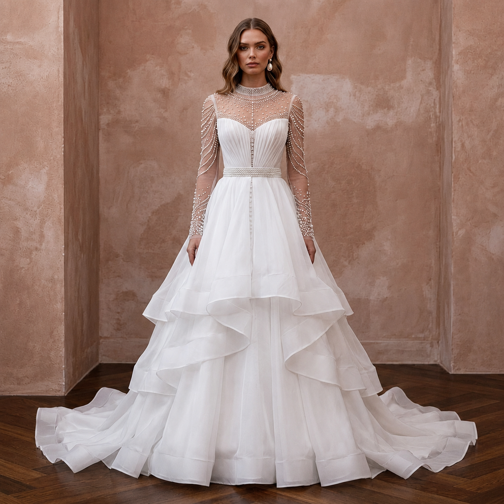 Princess Organza A-Line Wedding Dress with Long Sleeves