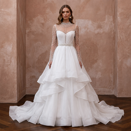 Princess Organza A-Line Wedding Dress with Long Sleeves