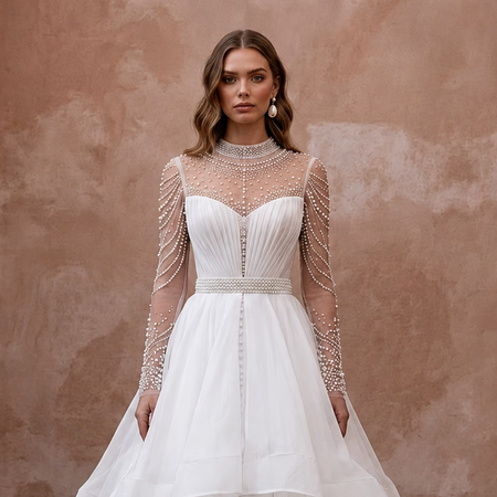 Princess Organza A - Line Wedding Dress with Long Sleeves - Apparel & Accessories > Clothing > Wedding & Bridal Party Dresses > Wedding Dresses - Mignonette Bridal