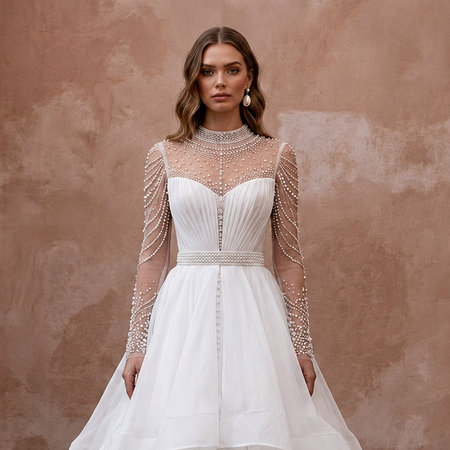 Princess Organza A-Line Wedding Dress with Long Sleeves
