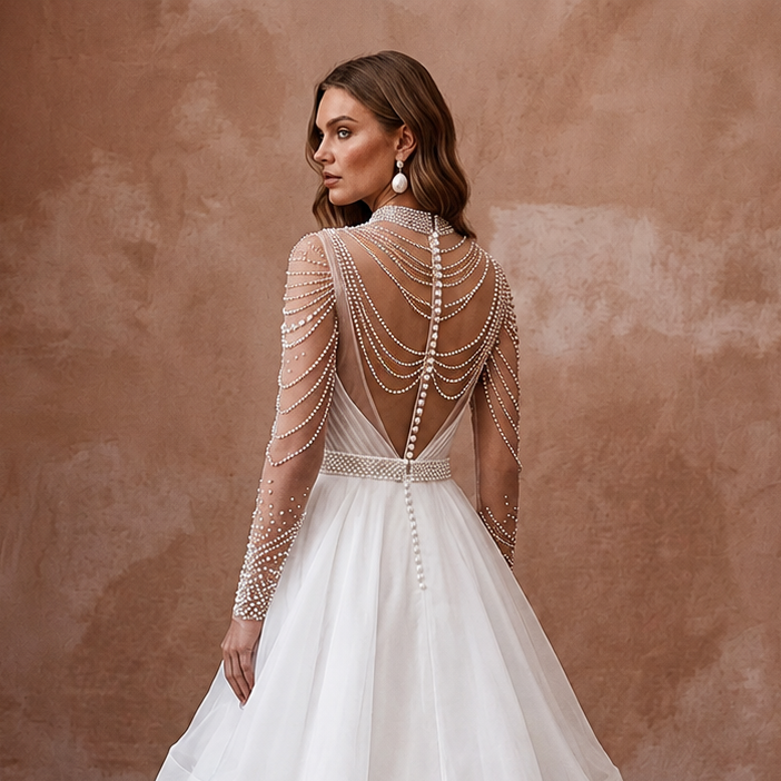 Princess Organza A-Line Wedding Dress with Long Sleeves