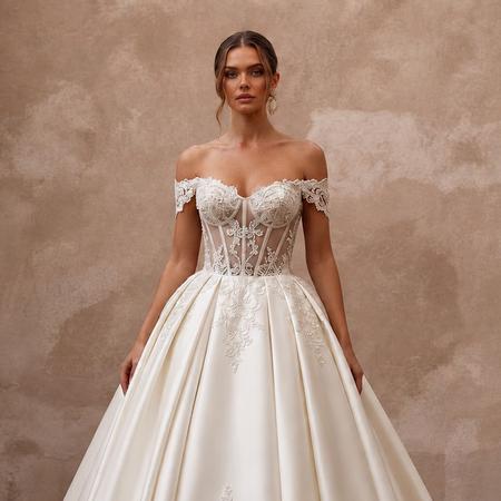 Princess Satin Ball Gown Wedding Gown with Corset Bodice - Apparel & Accessories > Clothing > Wedding & Bridal Party Dresses > Wedding Dresses - Mignonette Bridal