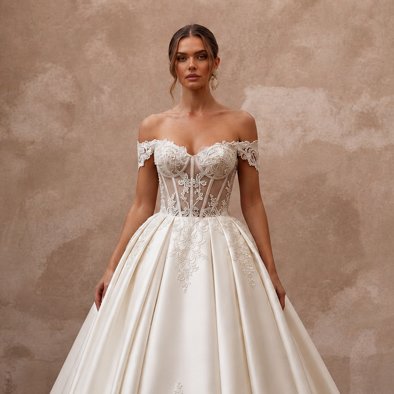 Princess Satin Ball Gown Wedding Gown with Corset Bodice