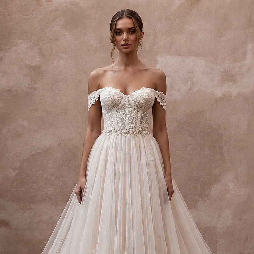 Princess Tulle A - Line Wedding Dress with Detachable Train - Apparel & Accessories > Clothing > Wedding & Bridal Party Dresses > Wedding Dresses - Mignonette Bridal
