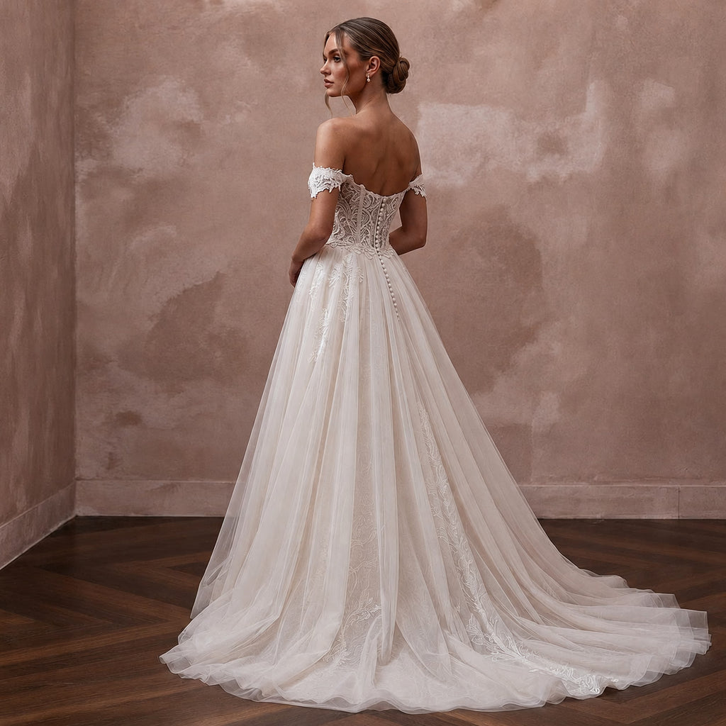 Princess Tulle A - Line Wedding Dress with Detachable Train - Apparel & Accessories > Clothing > Wedding & Bridal Party Dresses > Wedding Dresses - Mignonette Bridal