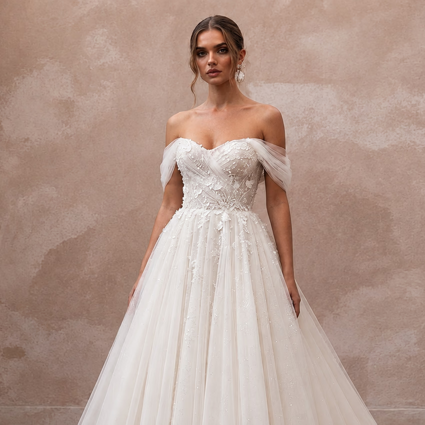 Ivory strapless-looking tulle ball gown wedding dress with embroidered floral bodice