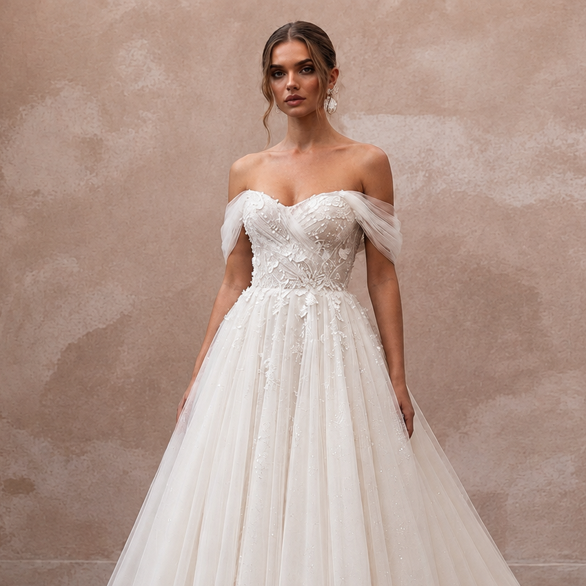 Ivory strapless-looking tulle ball gown wedding dress with embroidered floral bodice