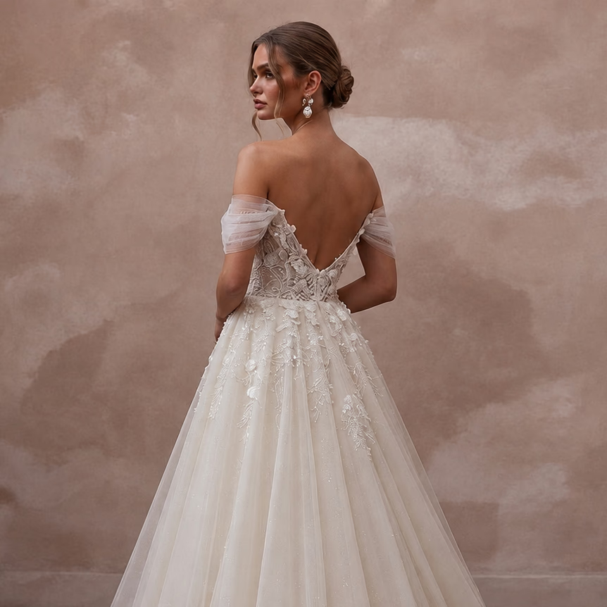 Ivory off-shoulder bodice tulle ball gown wedding dress, lace back detail