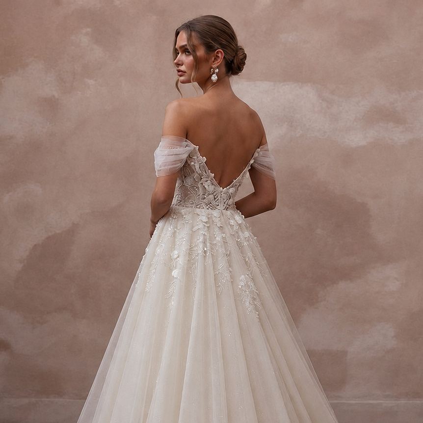 Ivory off-shoulder bodice tulle ball gown wedding dress, lace back detail