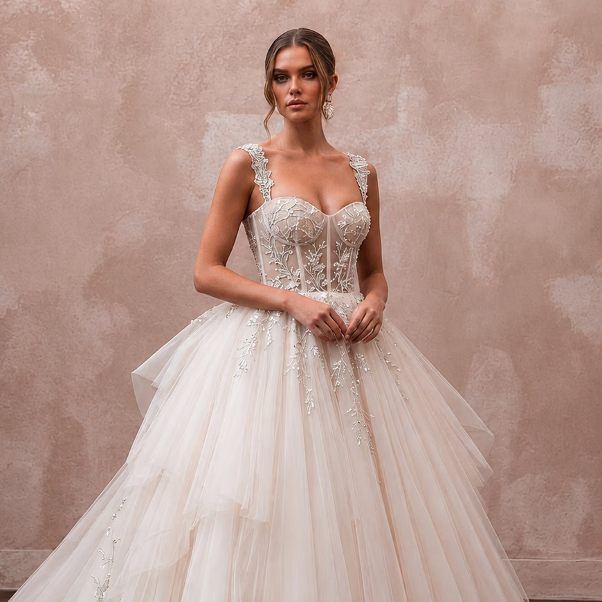 Princess Tulle Wedding Dress with Ball Gown Silhouette and Detachable Train
