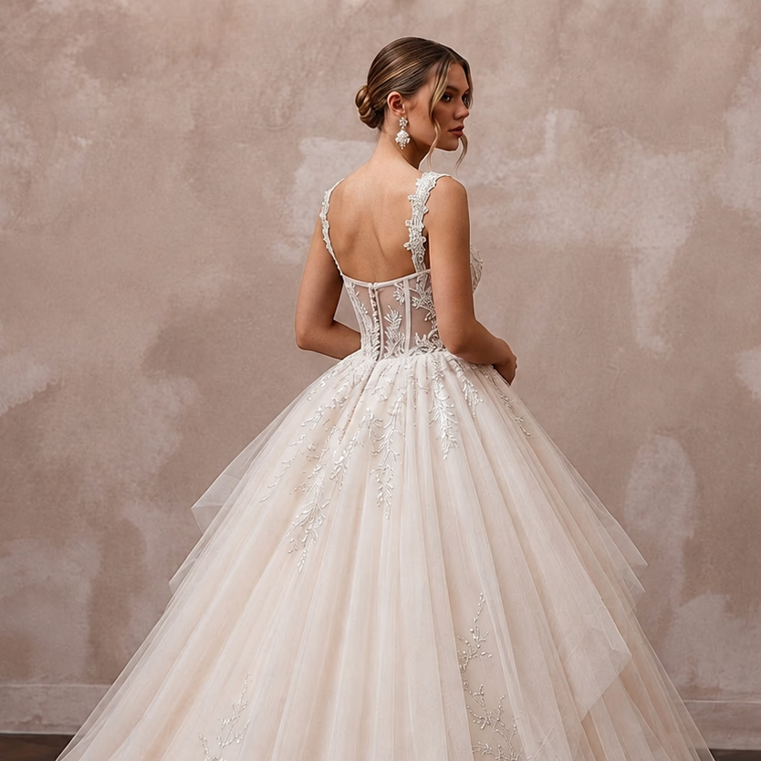 Princess Tulle Wedding Dress with Ball Gown Silhouette and Detachable Train