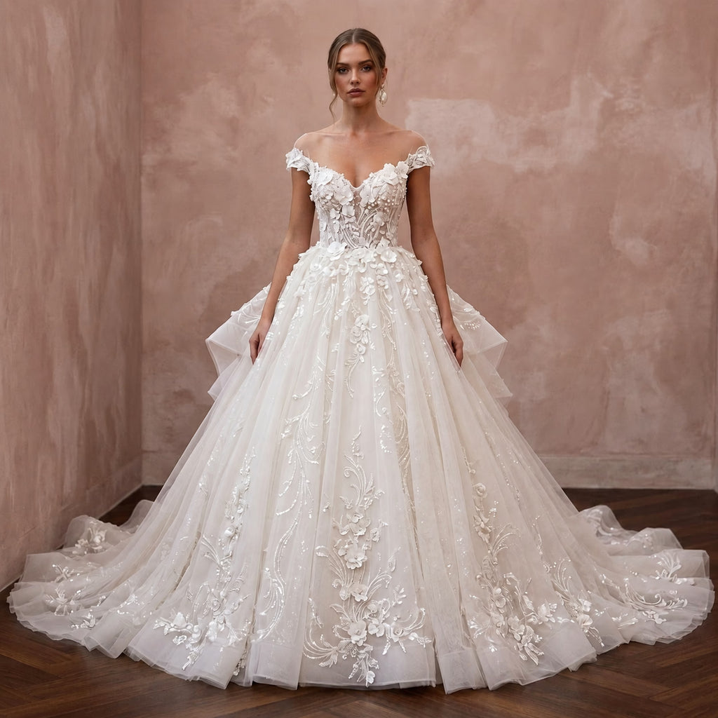 Princess Tulle Wedding Dress with Detachable Train and Ball Gown Silhouette