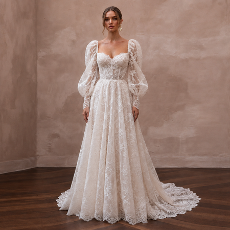 Puff Sleeve Lace Bridal Dress for a Romantic Wedding - Apparel & Accessories > Clothing > Wedding & Bridal Party Dresses > Wedding Dresses - Mignonette Bridal