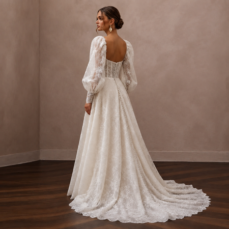 Puff Sleeve Lace Bridal Dress for a Romantic Wedding - Apparel & Accessories > Clothing > Wedding & Bridal Party Dresses > Wedding Dresses - Mignonette Bridal
