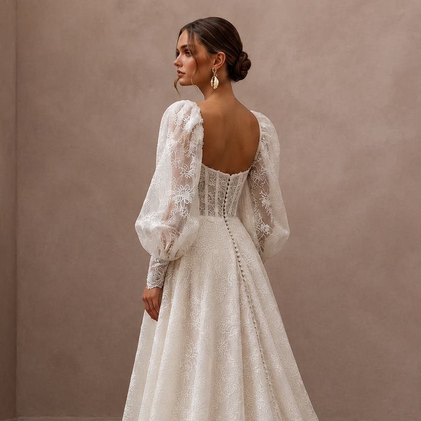 Puff Sleeve Lace Bridal Dress for a Romantic Wedding - Apparel & Accessories > Clothing > Wedding & Bridal Party Dresses > Wedding Dresses - Mignonette Bridal