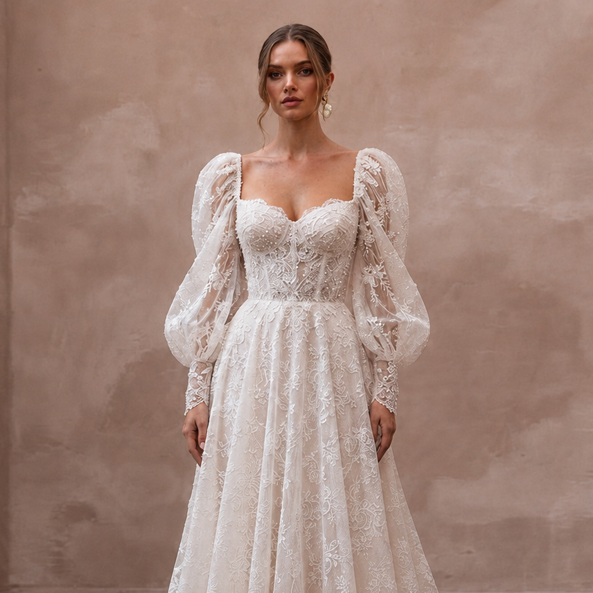 Puff Sleeve Lace Bridal Dress for a Romantic Wedding - Apparel & Accessories > Clothing > Wedding & Bridal Party Dresses > Wedding Dresses - Mignonette Bridal