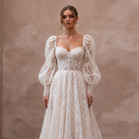 Puff Sleeve Lace Bridal Dress for a Romantic Wedding - Apparel & Accessories > Clothing > Wedding & Bridal Party Dresses > Wedding Dresses - Mignonette Bridal