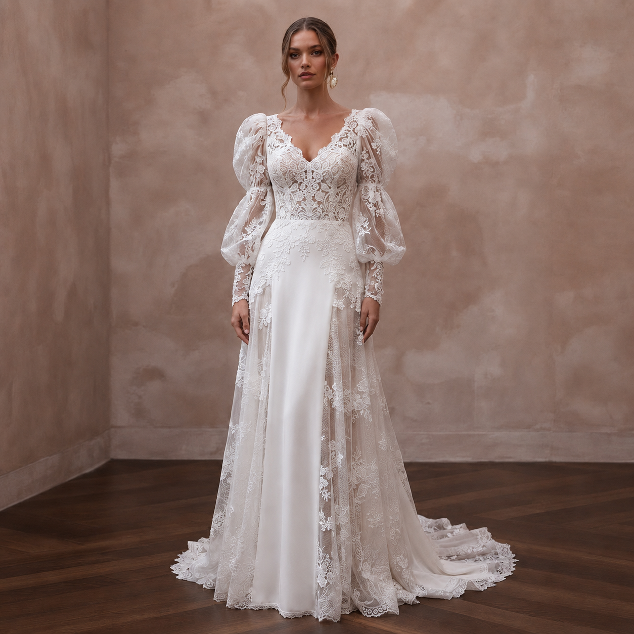 Puff Sleeve Lace Wedding Dress for an Outdoor Ceremony - Apparel & Accessories > Clothing > Wedding & Bridal Party Dresses > Wedding Dresses - Mignonette Bridal
